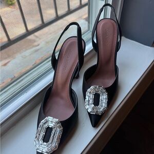 Amina Muaddi Black Heels with Silver Accent